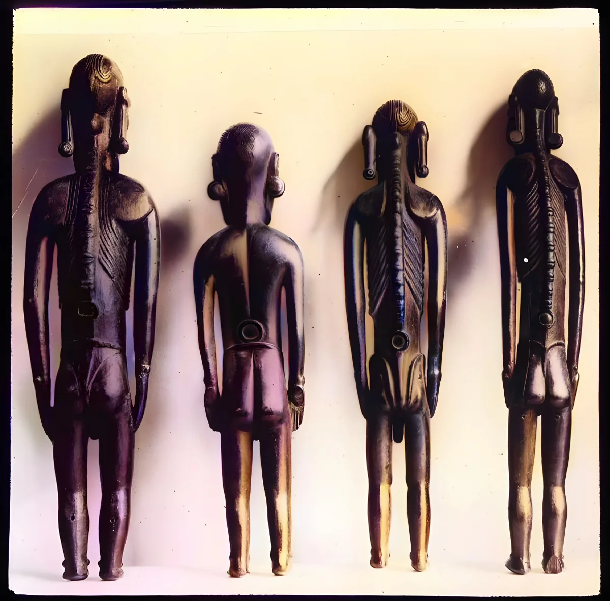 Lantern slide of the back of four wooden moai kavakava, representing Aku Aku spirits. Oc,G.T.1511, Mana Expedition to Easter Island, British Museum — Isla de Pascua — 1914 | Chile de Ayer