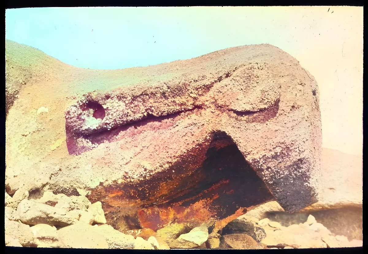 View of a moai head facing face down on the ground; Ahu Tongariki, Oc,G.T.1489, Mana Expedition to Easter Island, British Museum — Isla de Pascua — 1914 | Chile de Ayer