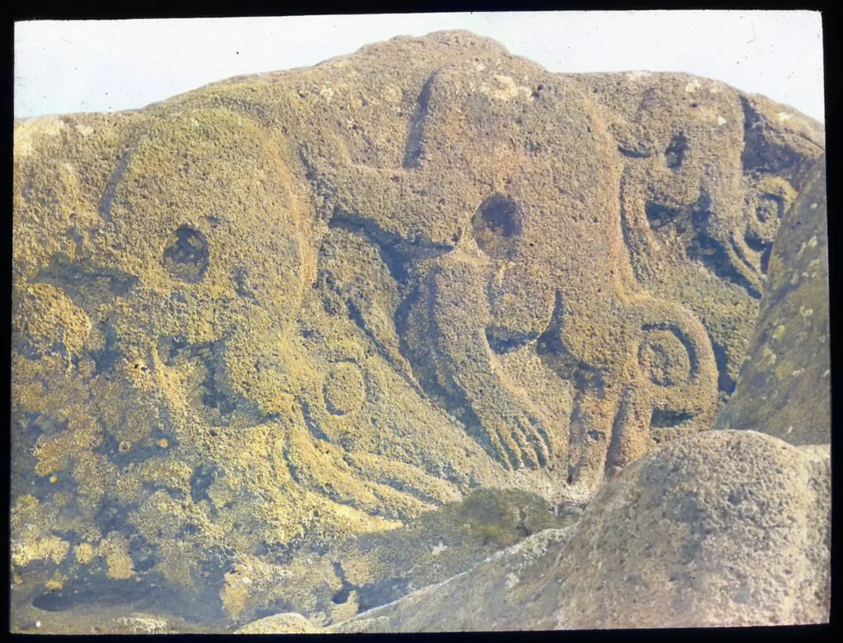 View of an in relief carving of three birdman figures; Mata Ngarau, Oc,G.T.1647, Mana Expedition to Easter Island, British Museum — Isla de Pascua — 1914 | Chile de Ayer