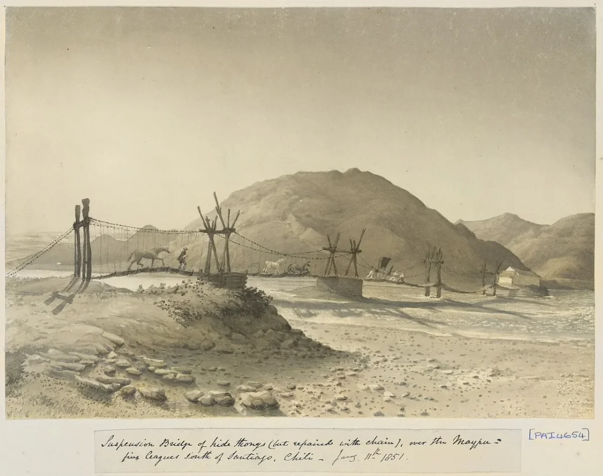 Puente colgante sobre el río Maipo, al sur de Santiago, 1851 — aprox. 1851 | Chile de Ayer