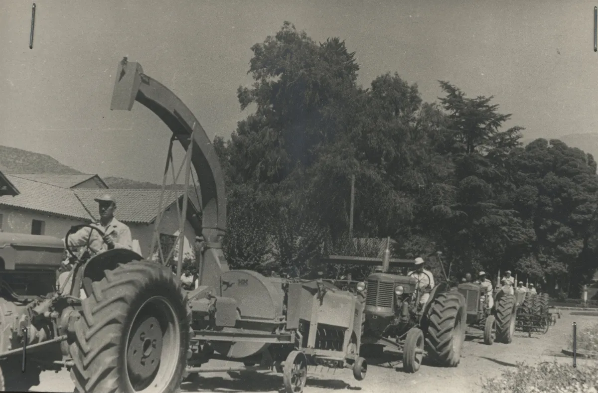 Desfile de tractores y maquinaria agrícola con operarios en movimiento — Calle Larga — 1954 | Chile de Ayer