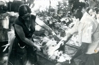 Padrinos faenando un chivito — Pocuro — 1955 | Chile de Ayer
