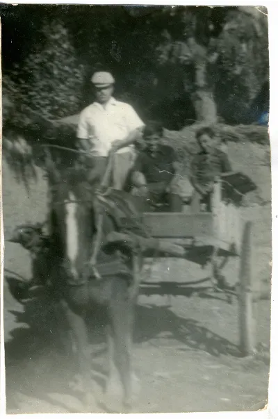 Padre y sus hijos en Caretilla — Pocuro — 1975 | Chile de Ayer