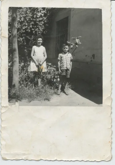 Niños con rama florada en patio de Pocuro — Pocuro — 1967 | Chile de Ayer