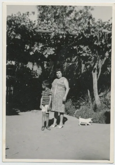 Madre junto a su hijo bajo el parrón — Pocuro — 1966 | Chile de Ayer