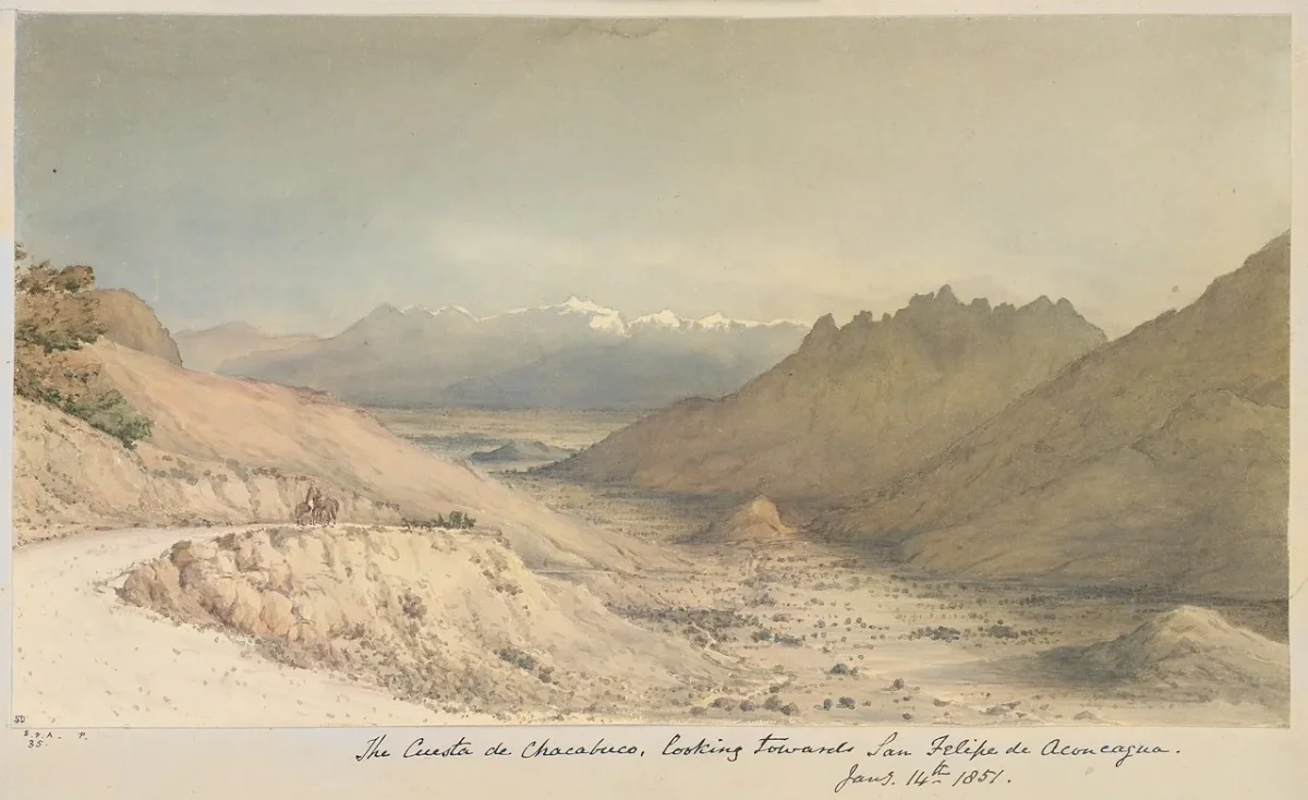 Cuesta de Chacabuco mirando hacia San Felipe de Aconcagua, 1851 — aprox. 1851 | Chile de Ayer