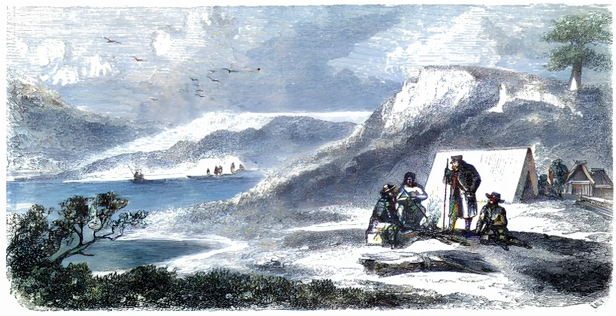 Campamento en la orilla de Puerto del Hambre — aprox. 1861 | Chile de Ayer