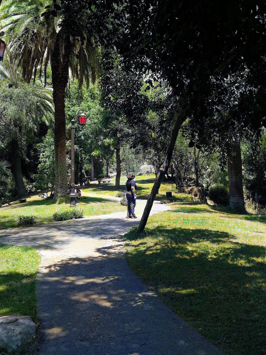 Sendero con estatua del Caleuche entre palmeras en el Cerro Santa Lucía, Santiago — aprox. 1880–1930 | Chile de Ayer