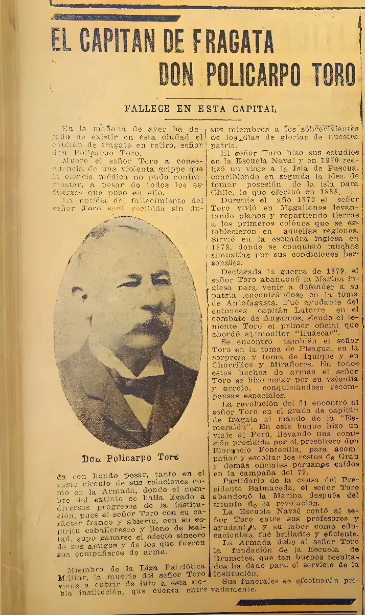 Nota necrológica de Policarpo Toro — 1921 | Chile de Ayer