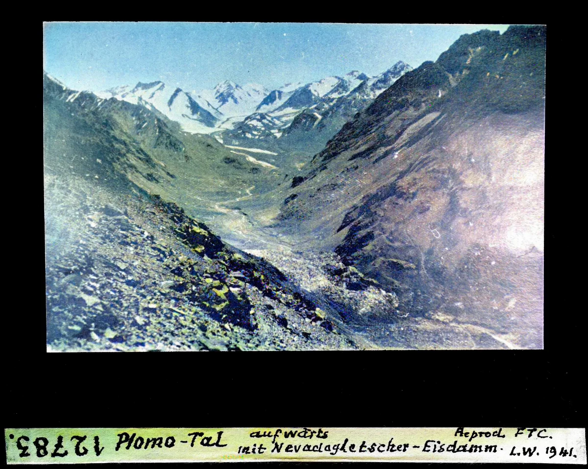 Plomo-Tal, aufwärts mit Nevadogletscher-Eisdamm — 1941 | Chile de Ayer