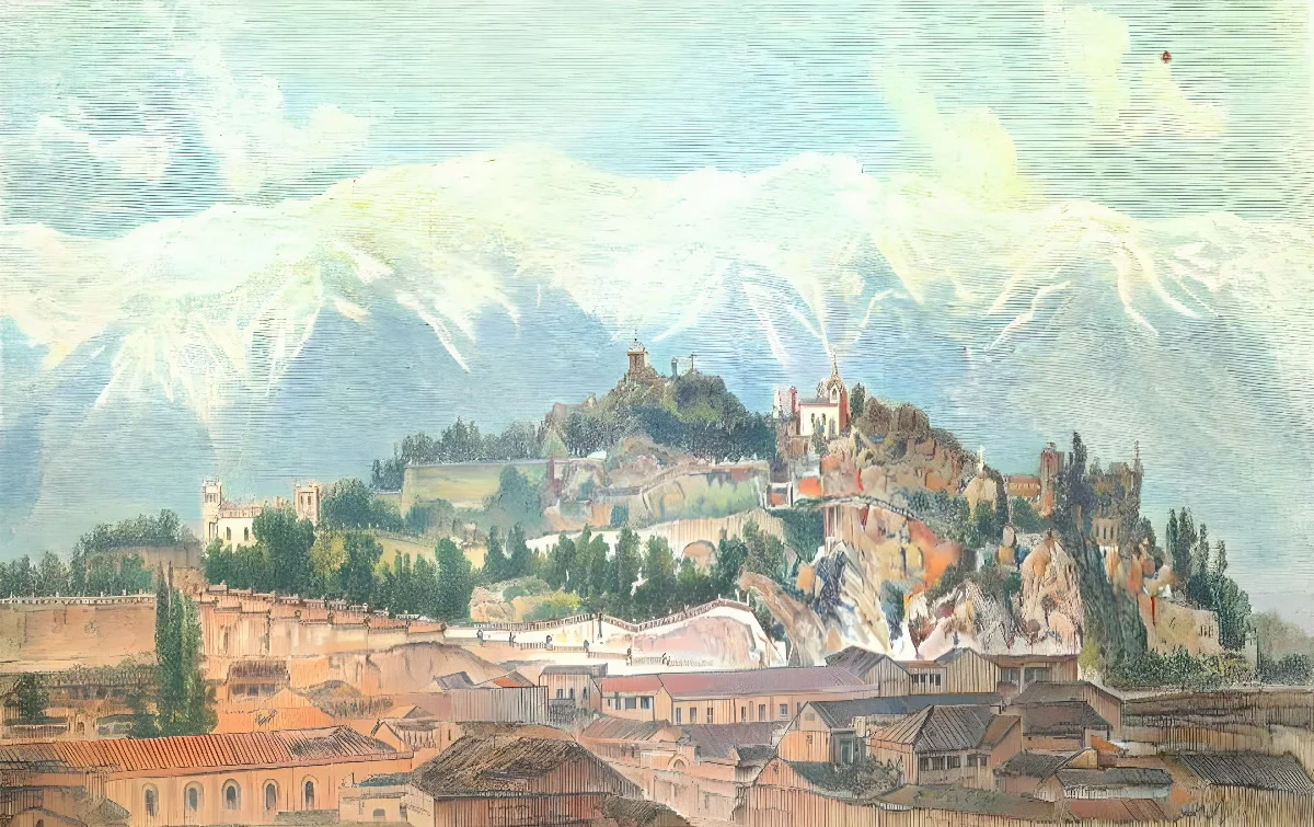 Cerro Santa Lucía y la cordillera nevada en Santiago de Chile. 1883. — aprox. 1883–1930 | Chile de Ayer