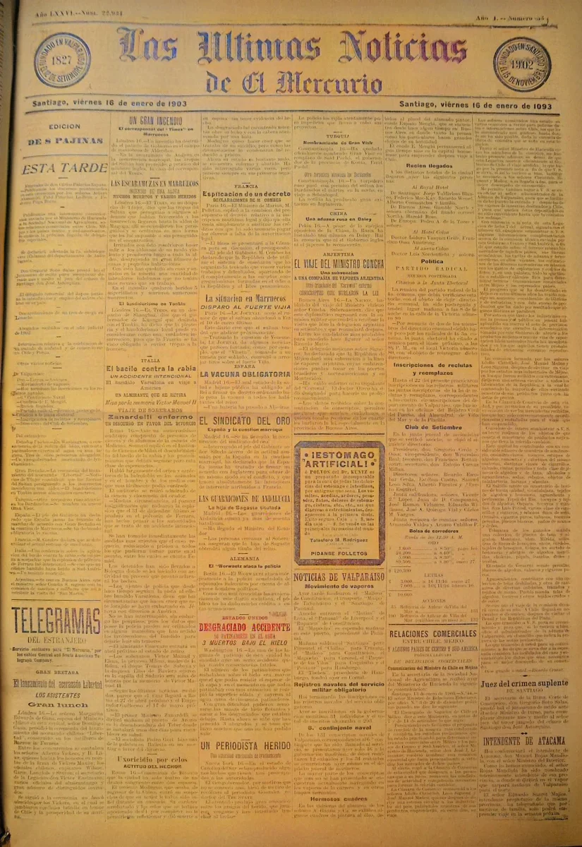 Las Últimas Noticias de El Mercurio (16 de enero de 1903) — 1903 | Chile de Ayer