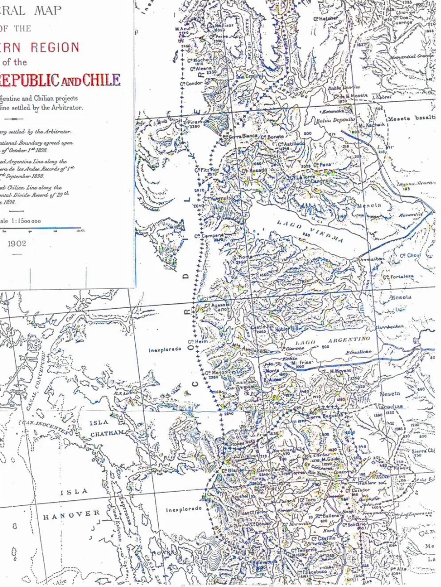 Mapa del laudo de 1902 entre Argentina y Chile en la zona del Campo de Hielo Patagónico Sur — 1902 | Chile de Ayer
