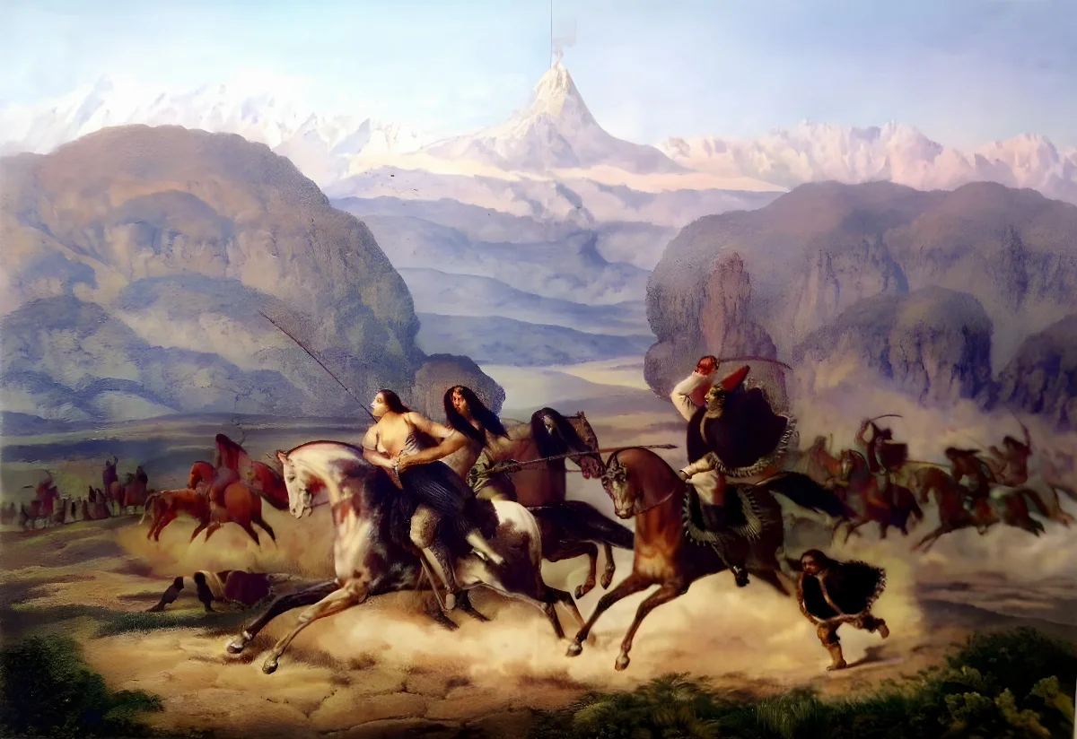 Persecución de pehuenches por tropas chilenas, ca. 1840 — Temuco — 1834 | Chile de Ayer