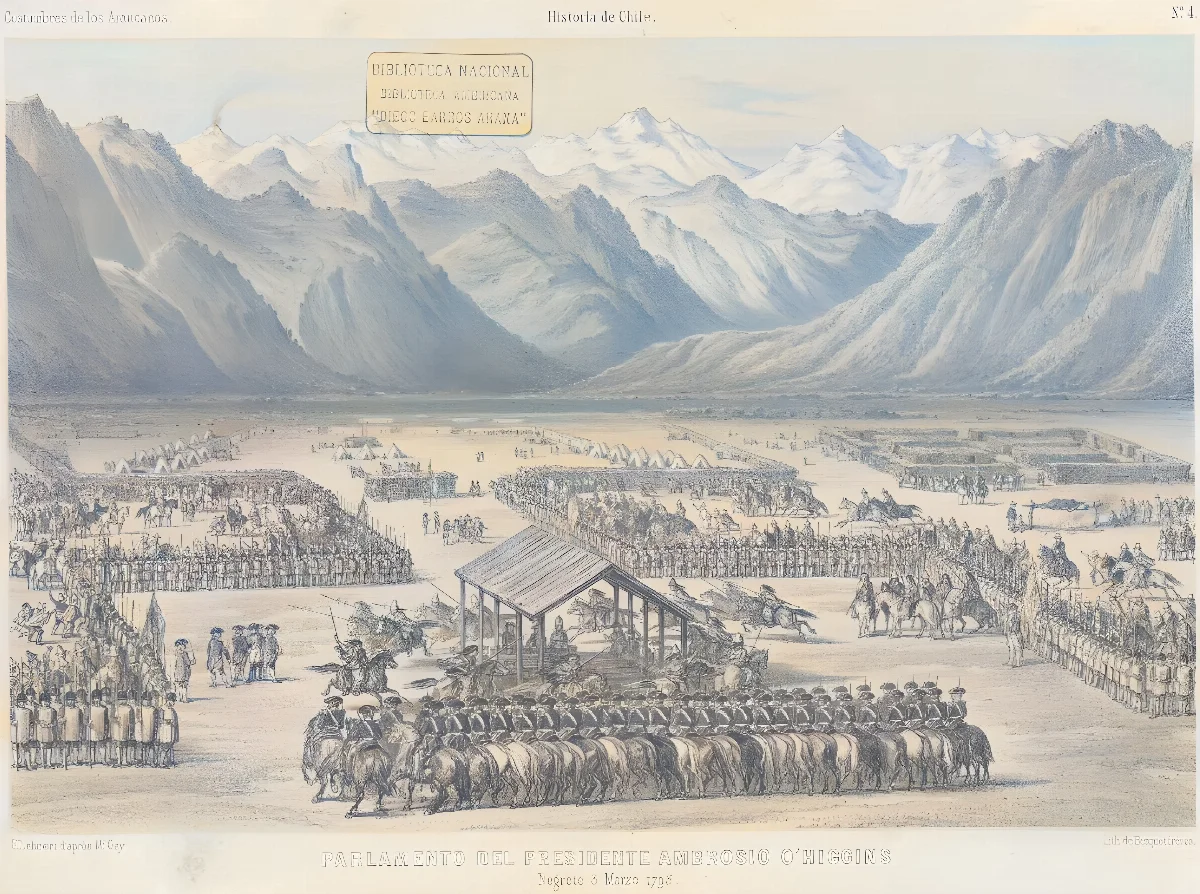 Imagen del Parlamento de Negrete, convocado por el gobernador Abrosio O'Higgins en Marzo de 1793 (Claudio Gay, basada en dibujo de Ignacio Andia y Varela) — Concepción — 1793 | Chile de Ayer