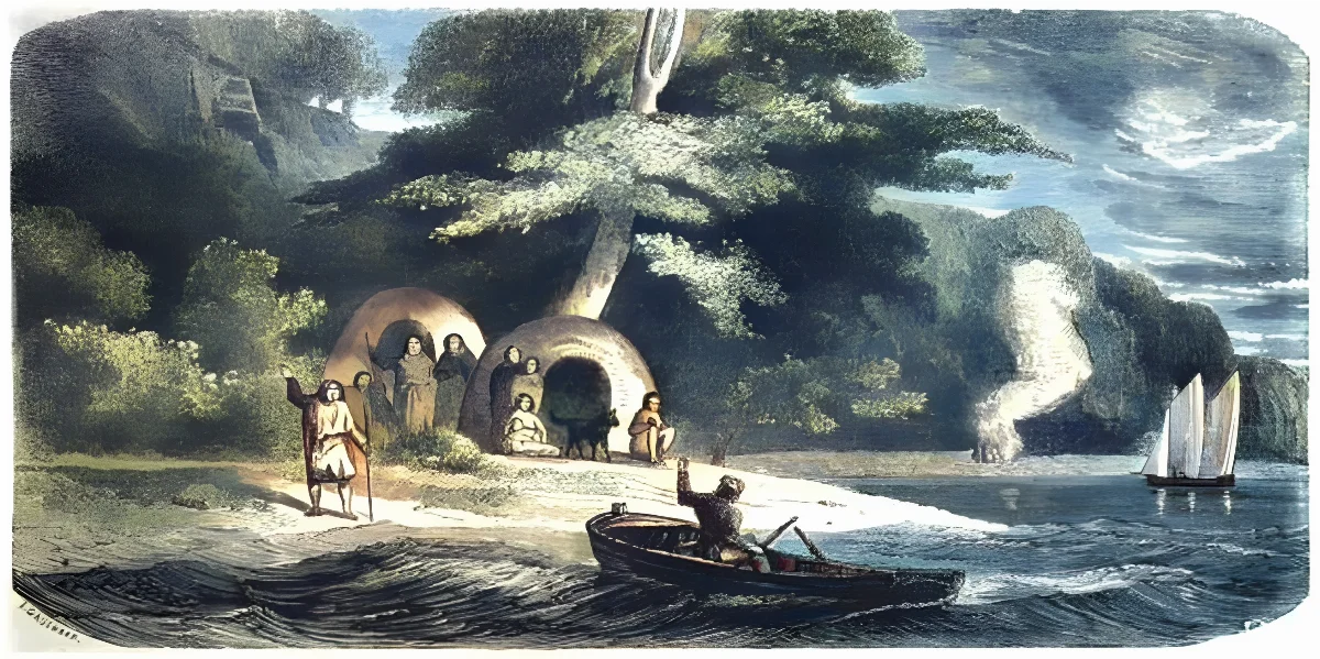 Chozas de los Alacalufes en el Puerto del Hambre — aprox. 1861 | Chile de Ayer
