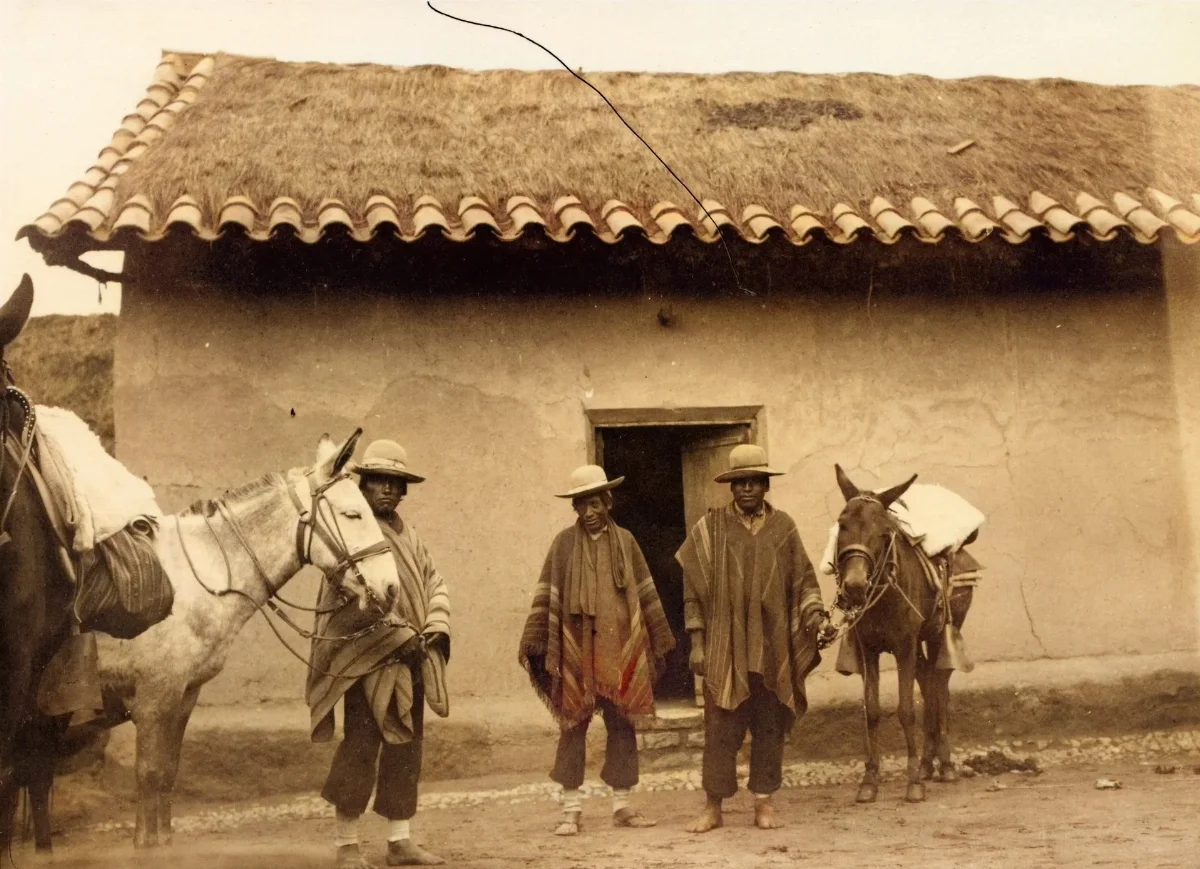 Aymaraindianer håller exp. sadlade mulåsnor. Fotograf Nordenskiöld, Erland. Sydamerika. Bolivia - SMVK - 002398 — 1904 | Chile de Ayer
