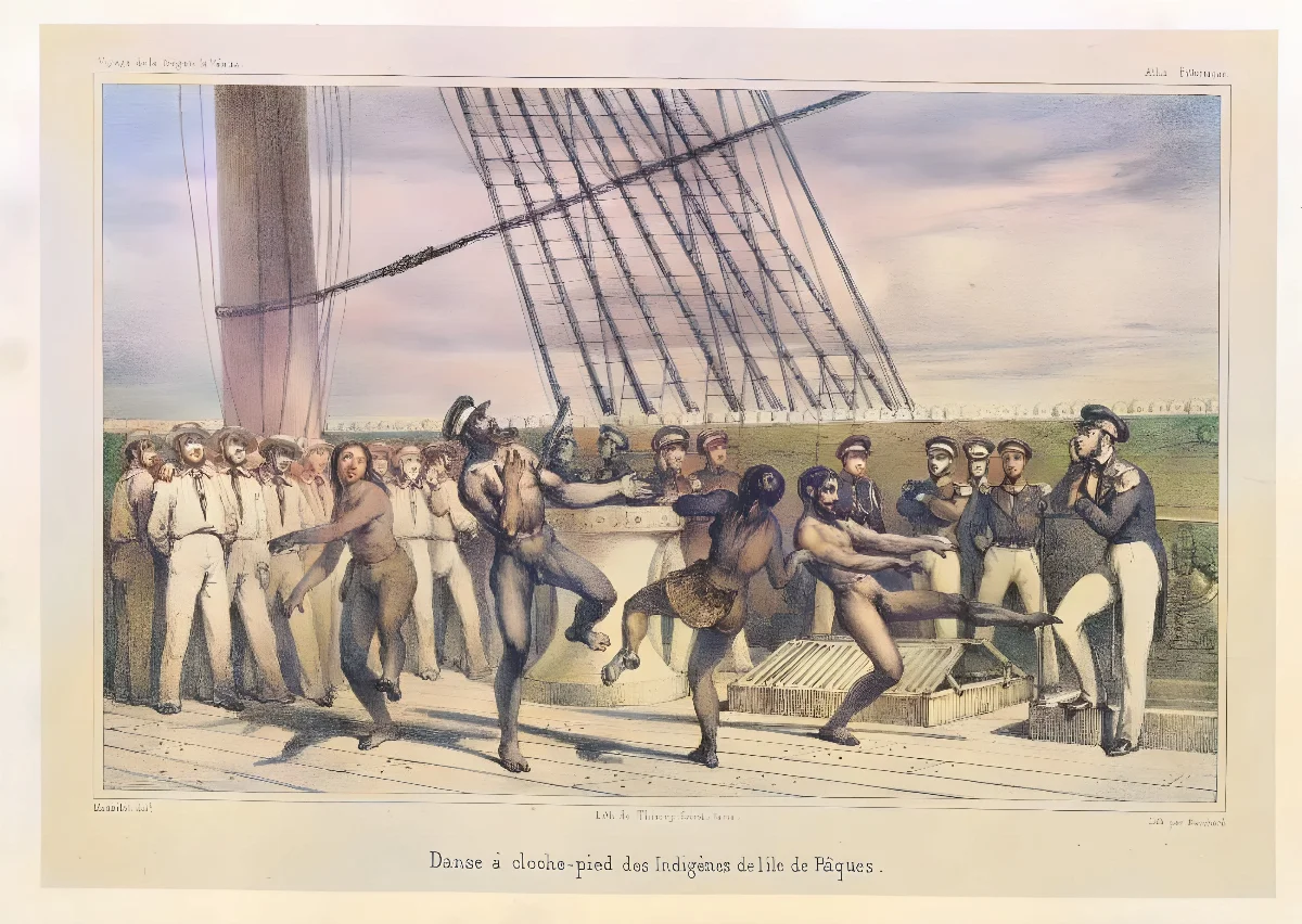 Danse a cloche-pied des indigenes de l'ile de Pâques; Masselot del.; lith. par Blanchard — Isla de Pascua — 1841 | Chile de Ayer