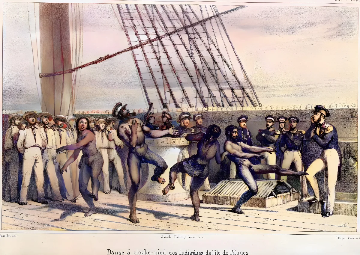 Masselot, fl 1830s. Danse a cloche-pieds des indigenes de l'ile de Paques. Masselot delt. Lith. par Blanchard. Voyage de la fregate la Venus. Atlas pittoresque. Paris, Gide, 1841 — Isla de Pascua — 1841 | Chile de Ayer
