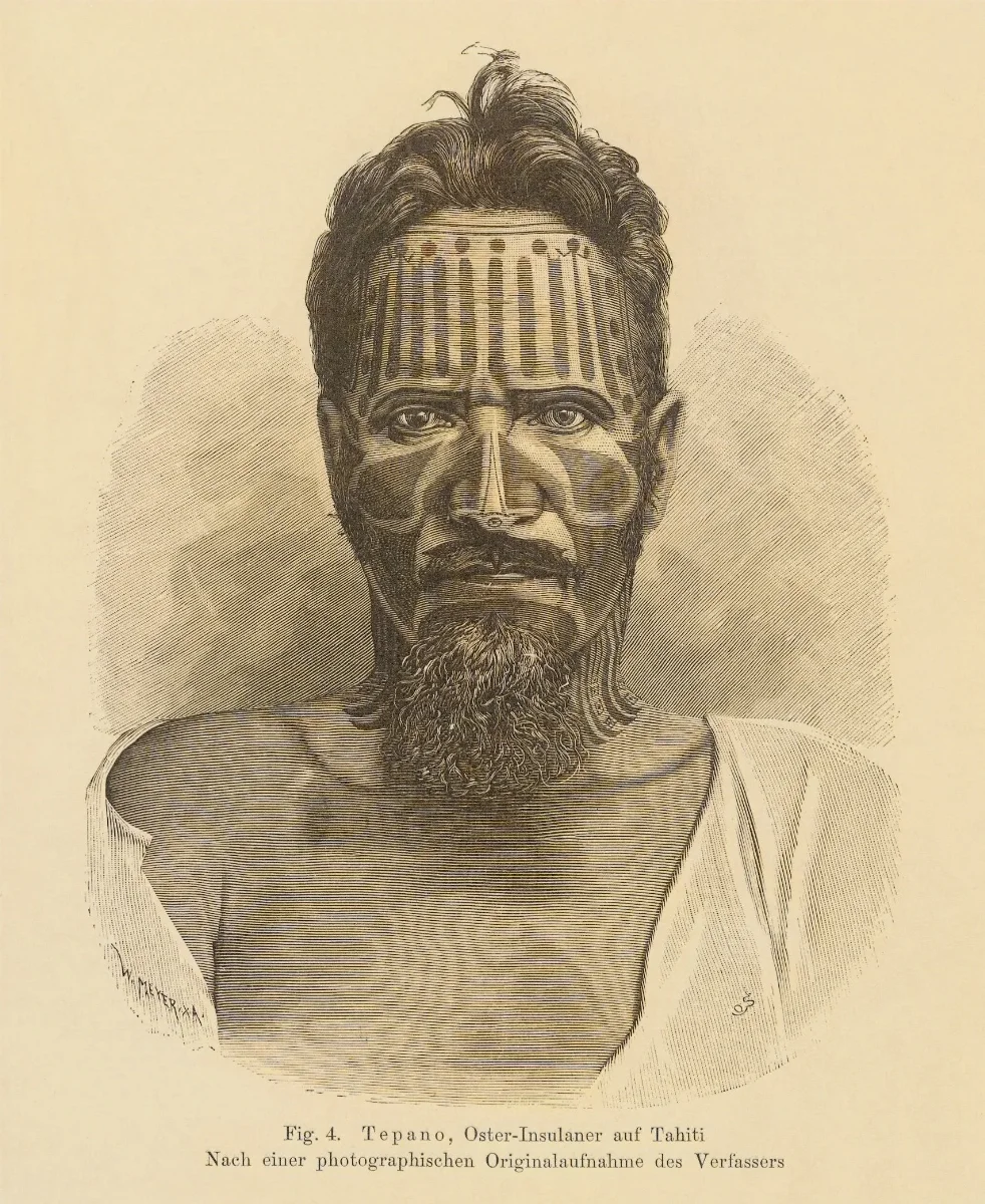 Tepano, Oster-Insulaners auf Tahiti. Nach einer photographischen Originalaufnahme des Verfassers. Fig. 4. Über die Tätowirung der Oster-Insulaner — Isla de Pascua — 1880 | Chile de Ayer