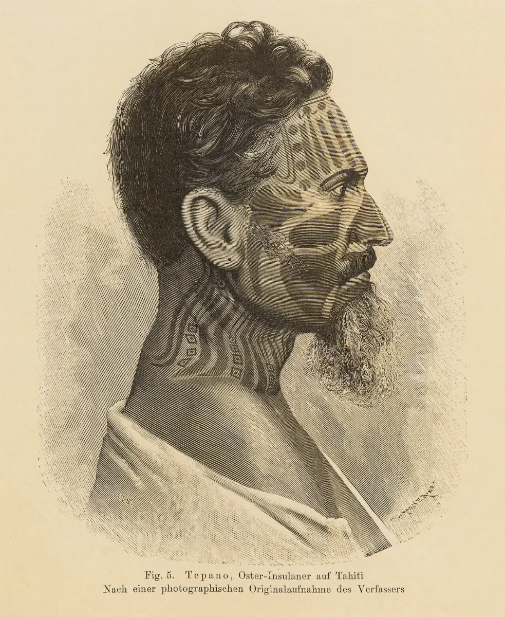 Tepano, Oster-Insulaners auf Tahiti. Nach einer photographischen Originalaufnahme des Verfassers. Fig. 5. Über die Tätowirung der Oster-Insulaner — Isla de Pascua — 1880 | Chile de Ayer