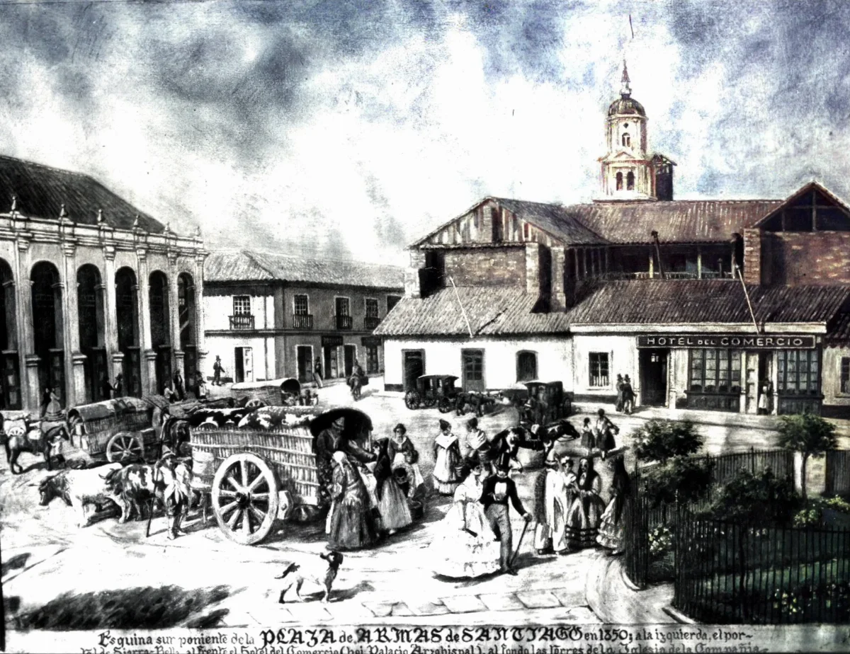 Plaza de Armas de Santiago, grabado basado en pintura de Charton — aprox. 1850 | Chile de Ayer