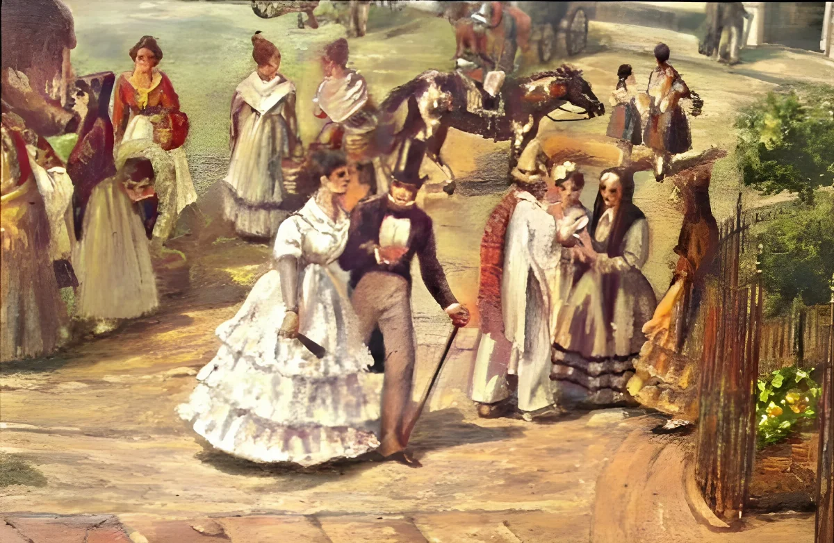Plaza de Armas de Santiago, detalle de óleo: damas con miriñaque y caballeros de chistera — aprox. 1850 | Chile de Ayer