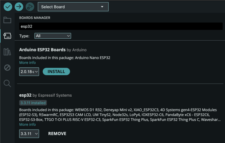 Cuando termina, la tarjeta de Espressif cambia el botón por «3.3.11 installed» y un REMOVE. Eso es todo lo que hay que ver para seguir.